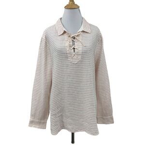 Tommy Bahama Dobby Llama Lace Up Shirt Womens L Large Linen Blend Stripe Top